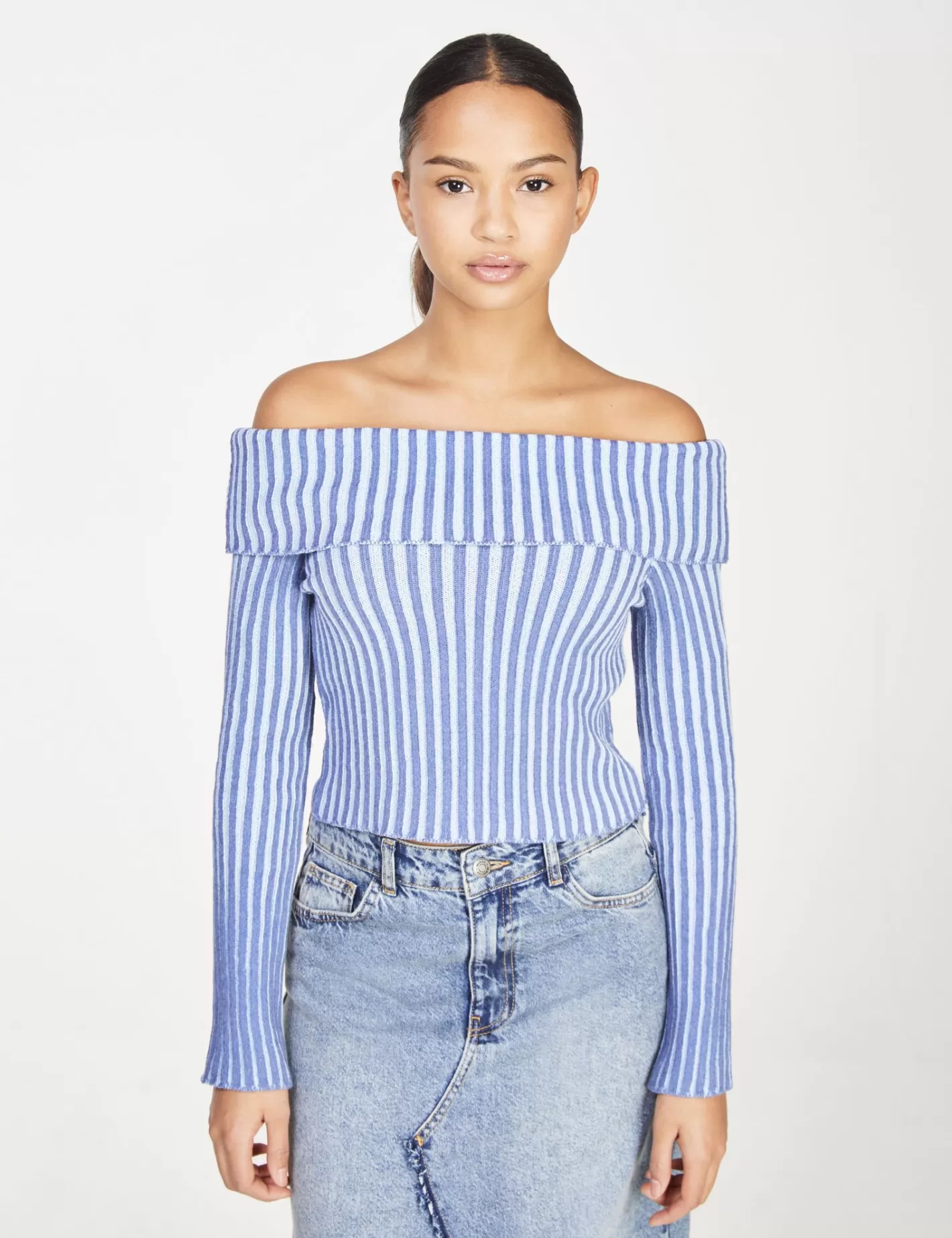 Pull col bardot en maille côtelée à rayures bleu et bleu foncé^Jennyfer Discount