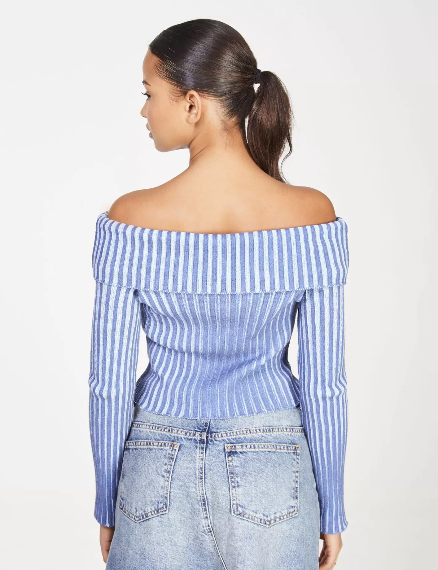 Pull col bardot en maille côtelée à rayures bleu et bleu foncé^Jennyfer Discount