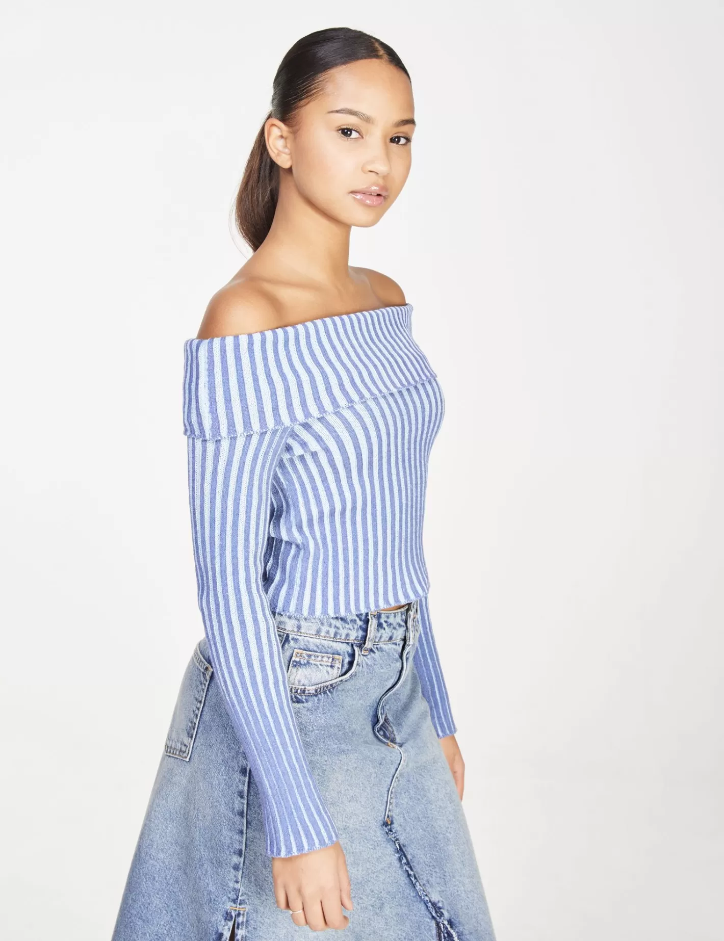 Pull col bardot en maille côtelée à rayures bleu et bleu foncé^Jennyfer Discount