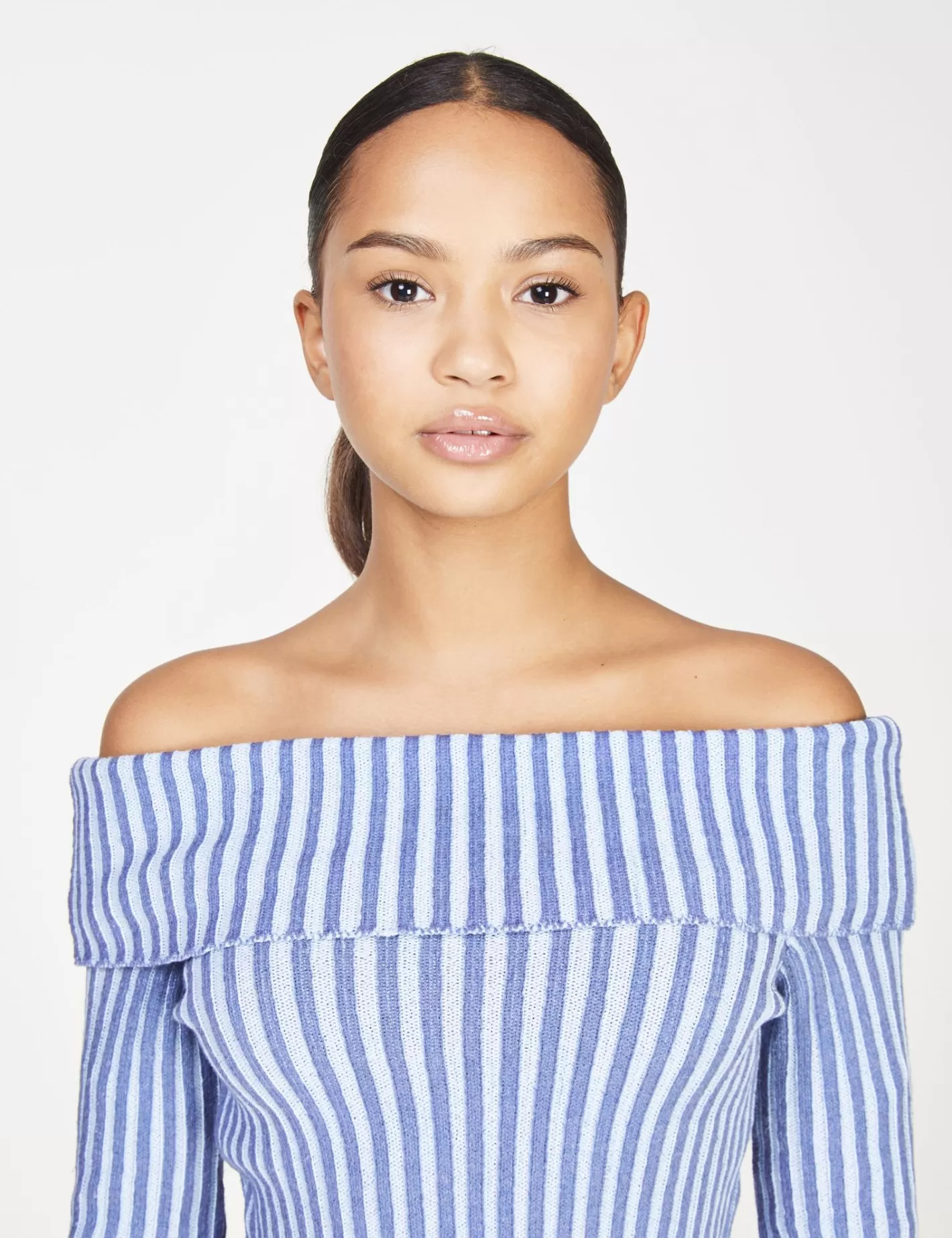 Pull col bardot en maille côtelée à rayures bleu et bleu foncé^Jennyfer Discount
