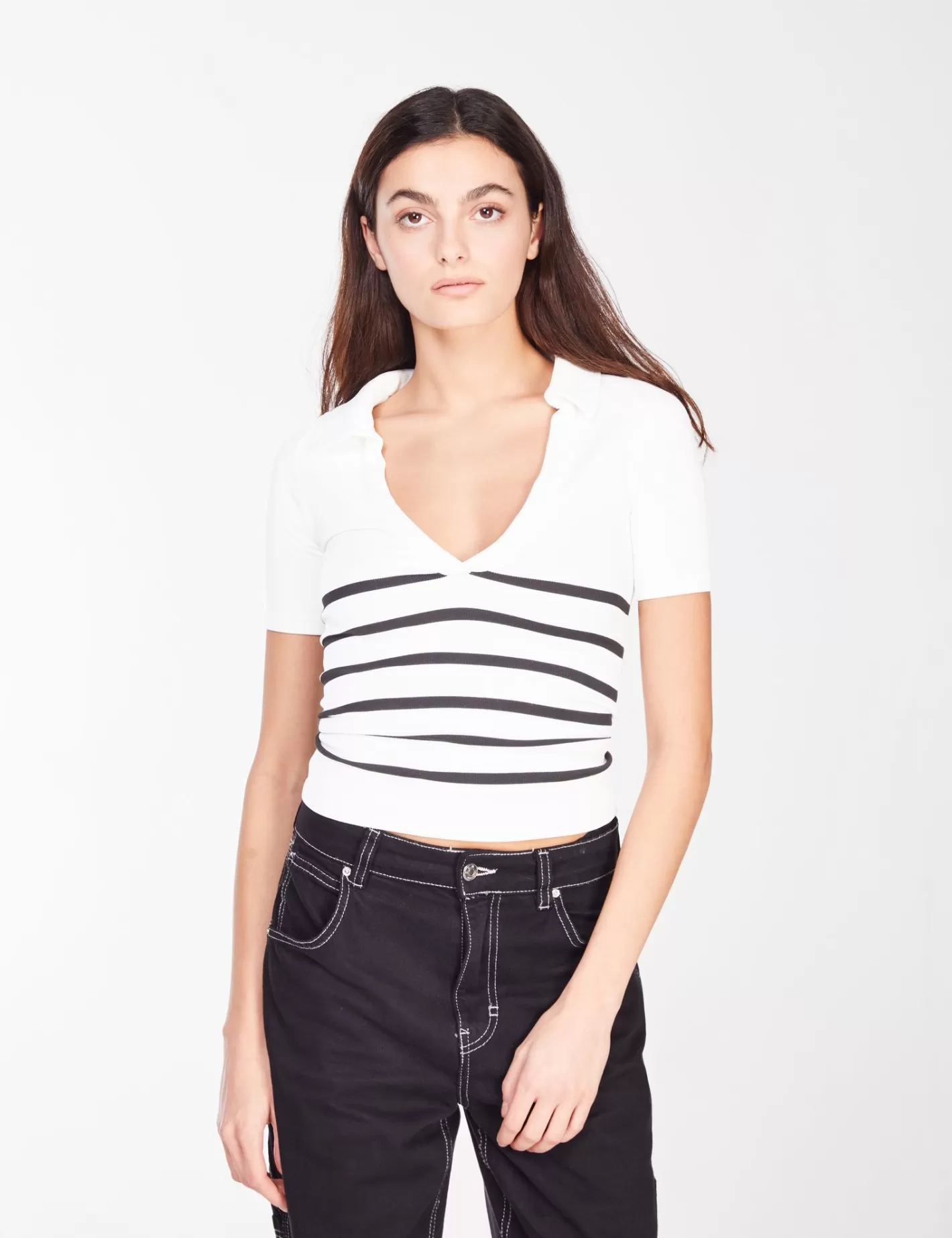 Pull col en V rayé à manches courtes noir et blanc^Jennyfer Cheap