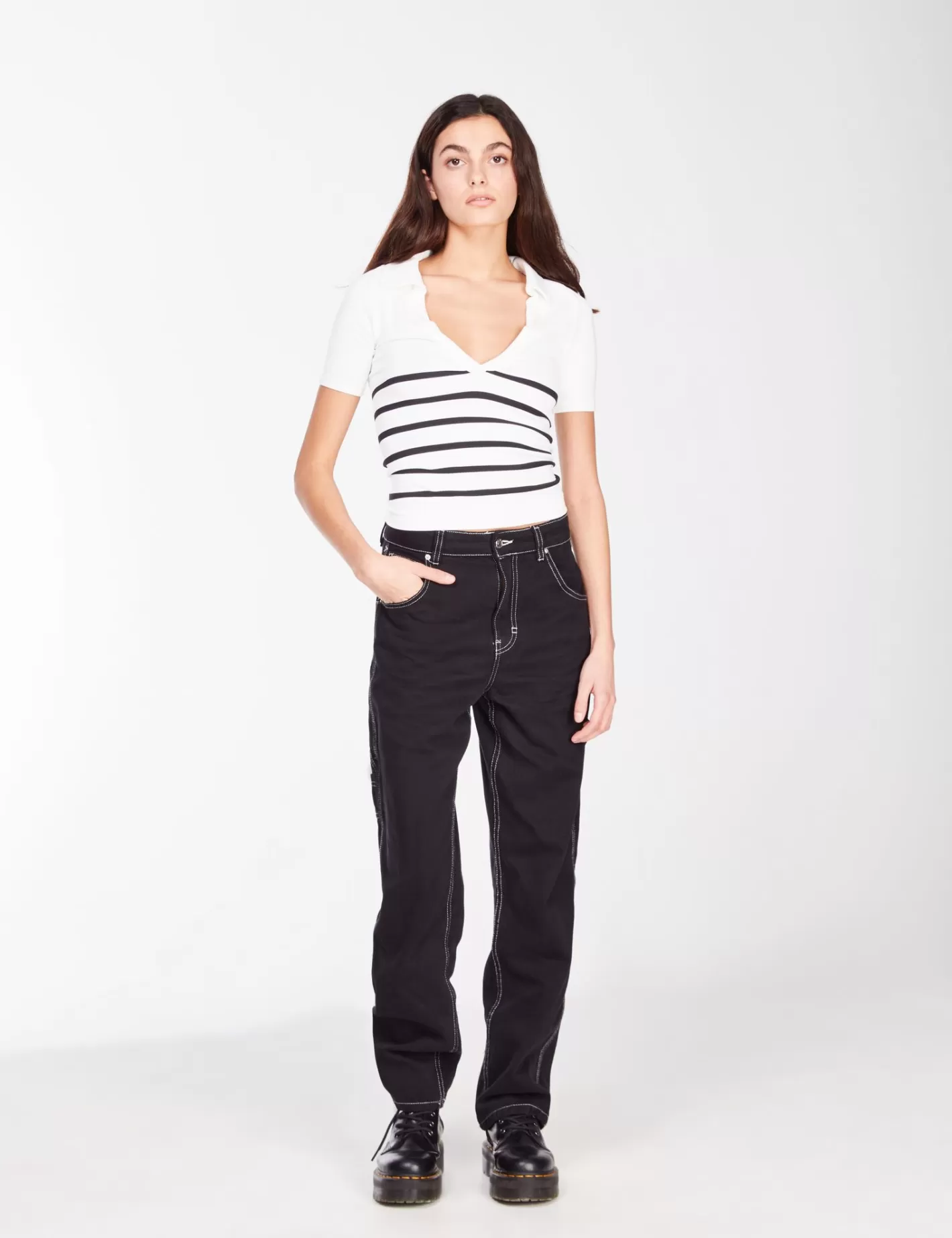 Pull col en V rayé à manches courtes noir et blanc^Jennyfer Cheap