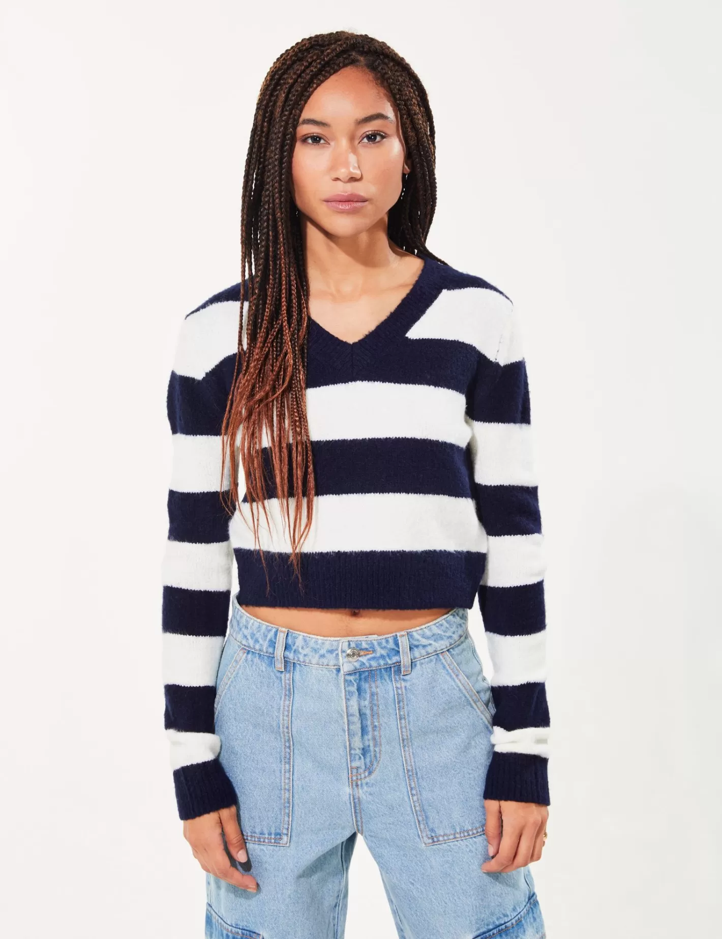 Pull court à col V à rayures blanc et bleu marine^Jennyfer Online