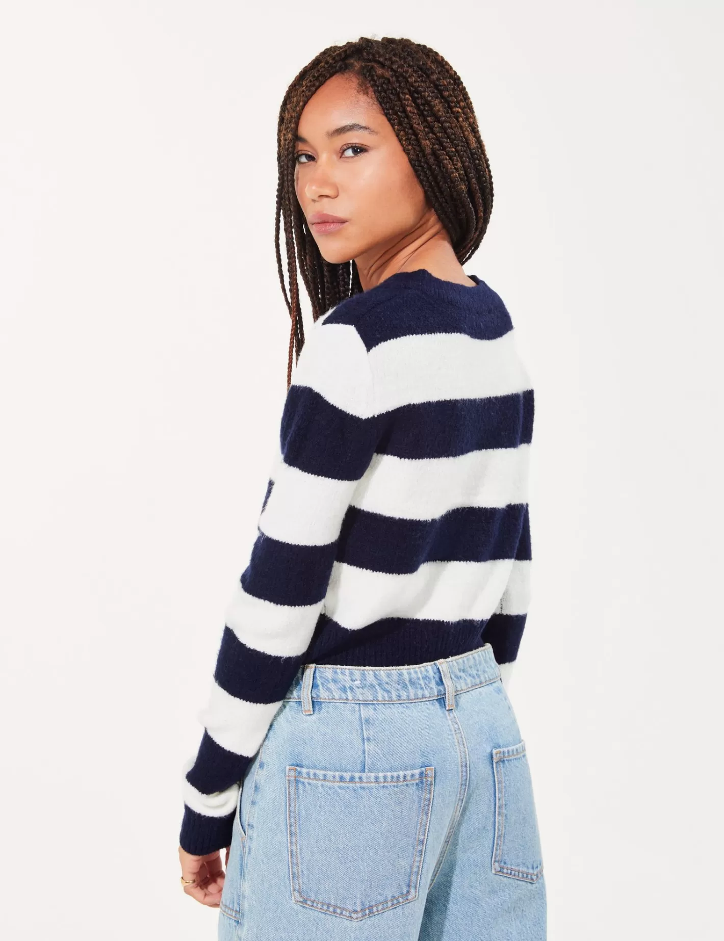 Pull court à col V à rayures blanc et bleu marine^Jennyfer Online