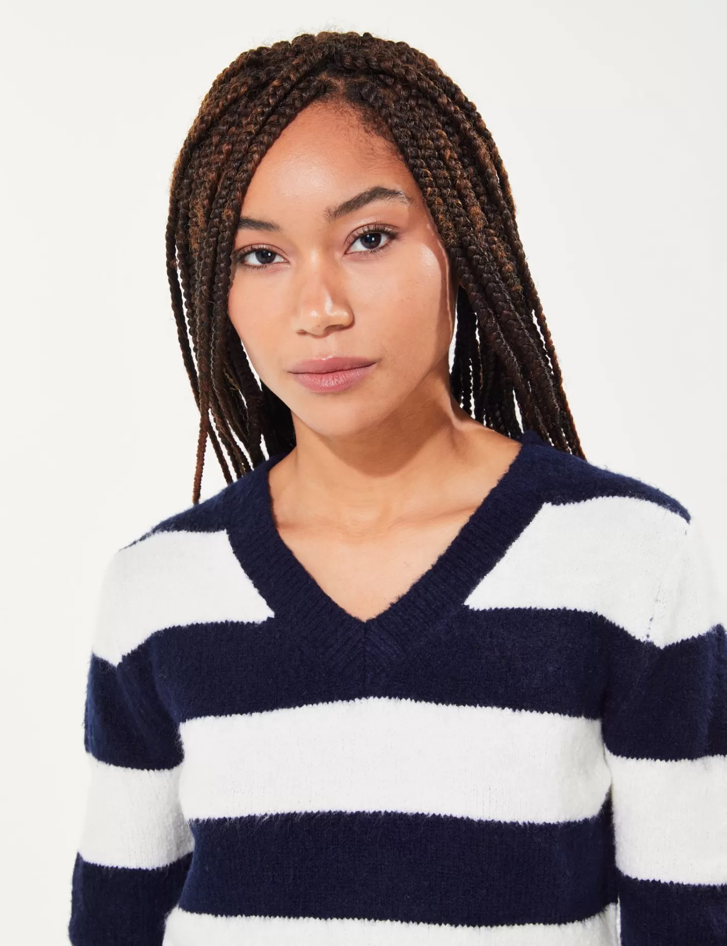 Pull court à col V à rayures blanc et bleu marine^Jennyfer Online