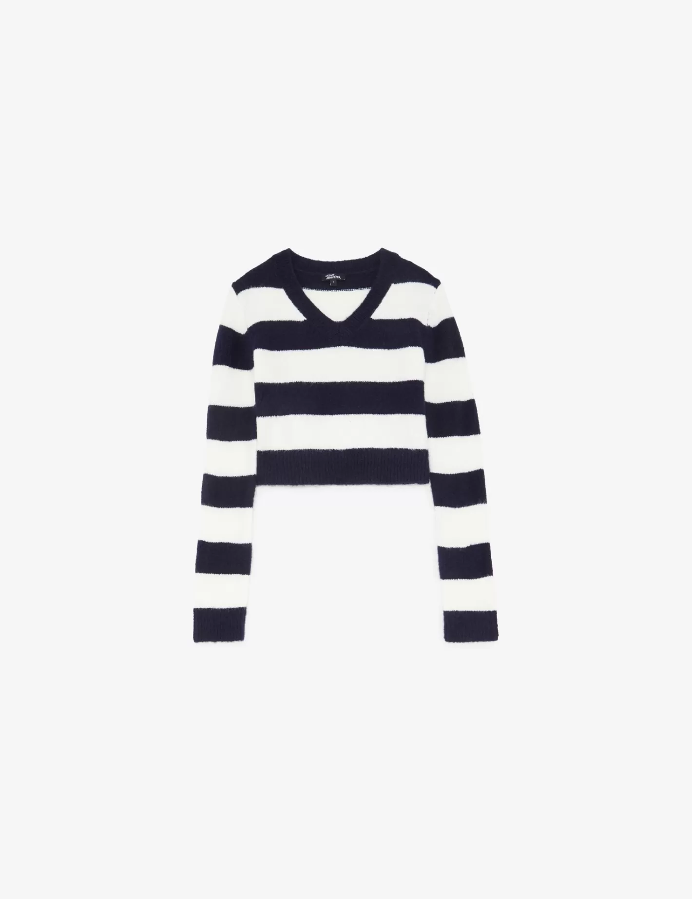 Pull court à col V à rayures blanc et bleu marine^Jennyfer Online