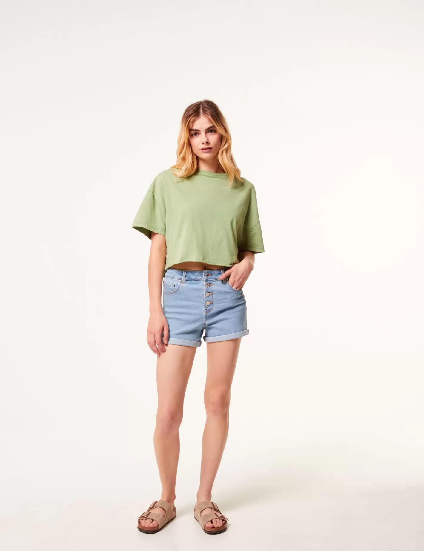 Short skinny taille haute avec revers bleu clair^Jennyfer Sale
