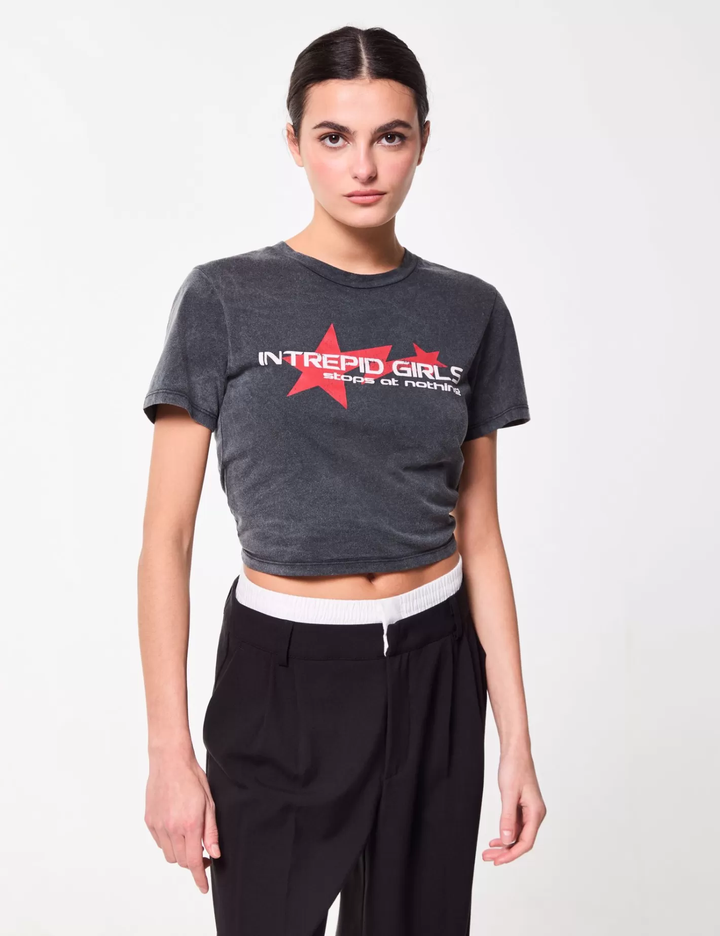 T-shirt gris à message avec liens à nouer à la taille^Jennyfer Sale
