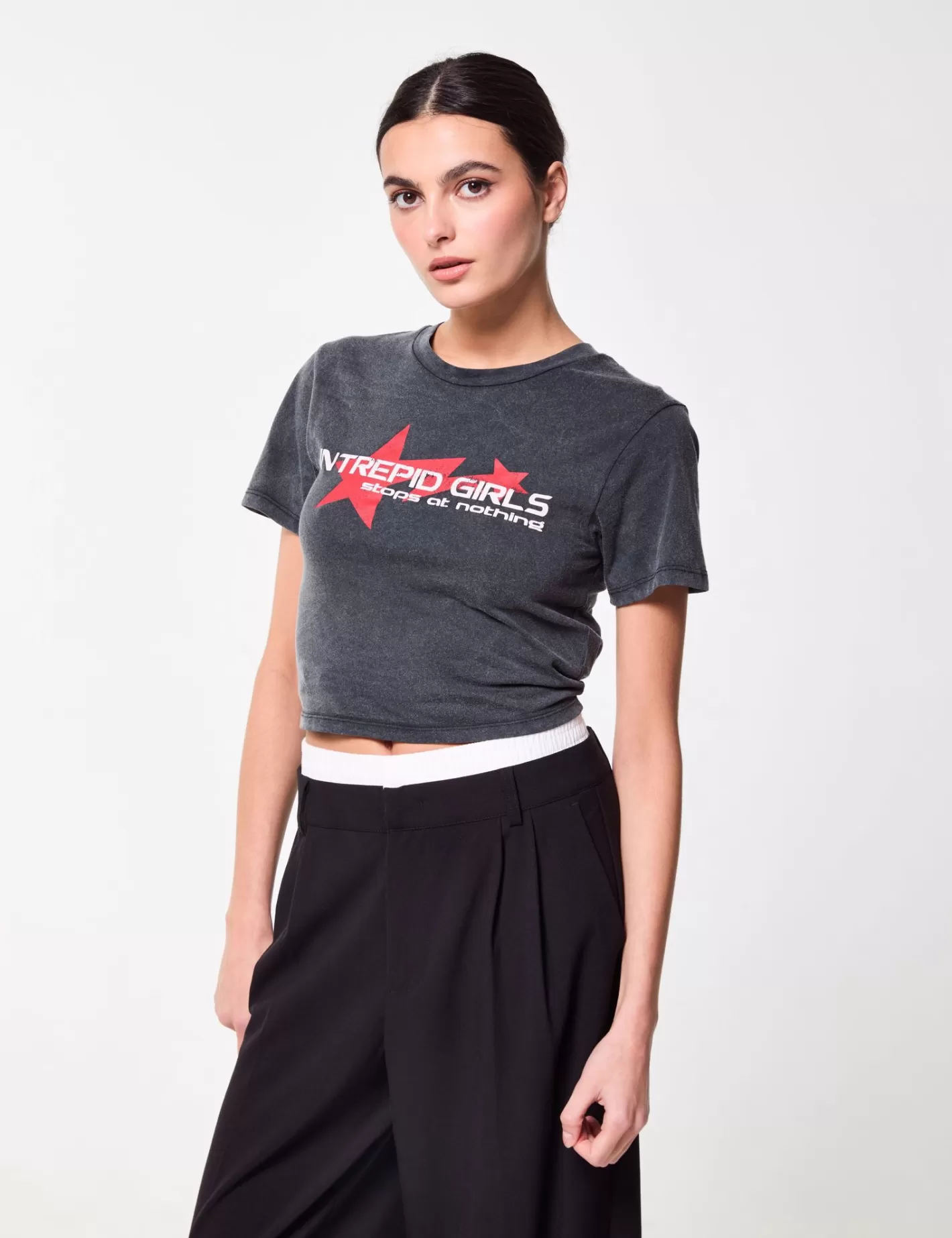 T-shirt gris à message avec liens à nouer à la taille^Jennyfer Sale